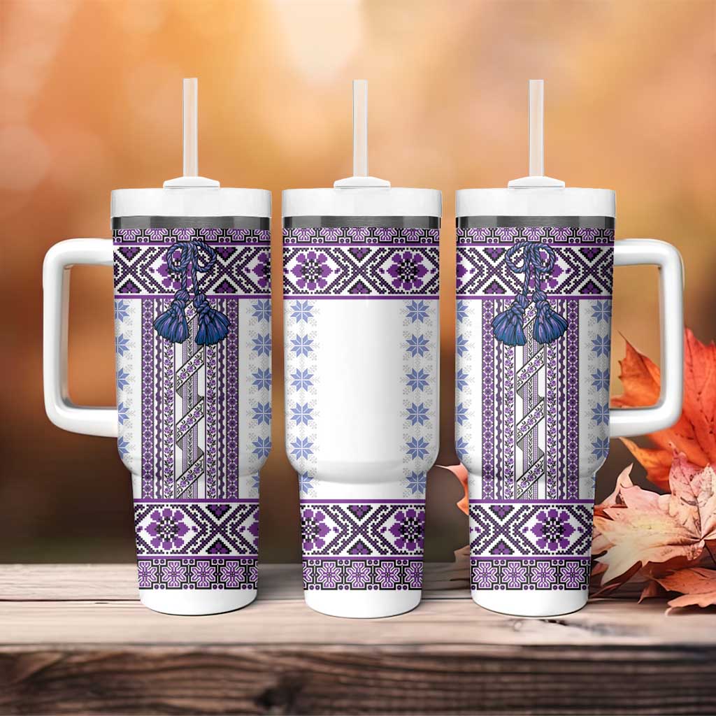 Ukraine Tumbler With Handle Traditional Braided Rope Belt Purple Folk Pattern