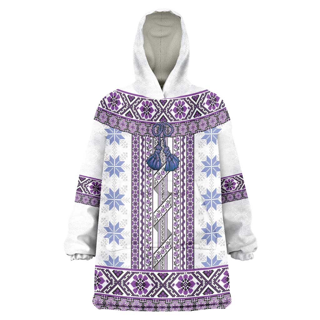 Ukraine Wearable Blanket Hoodie Traditional Braided Rope Belt Purple Folk Pattern