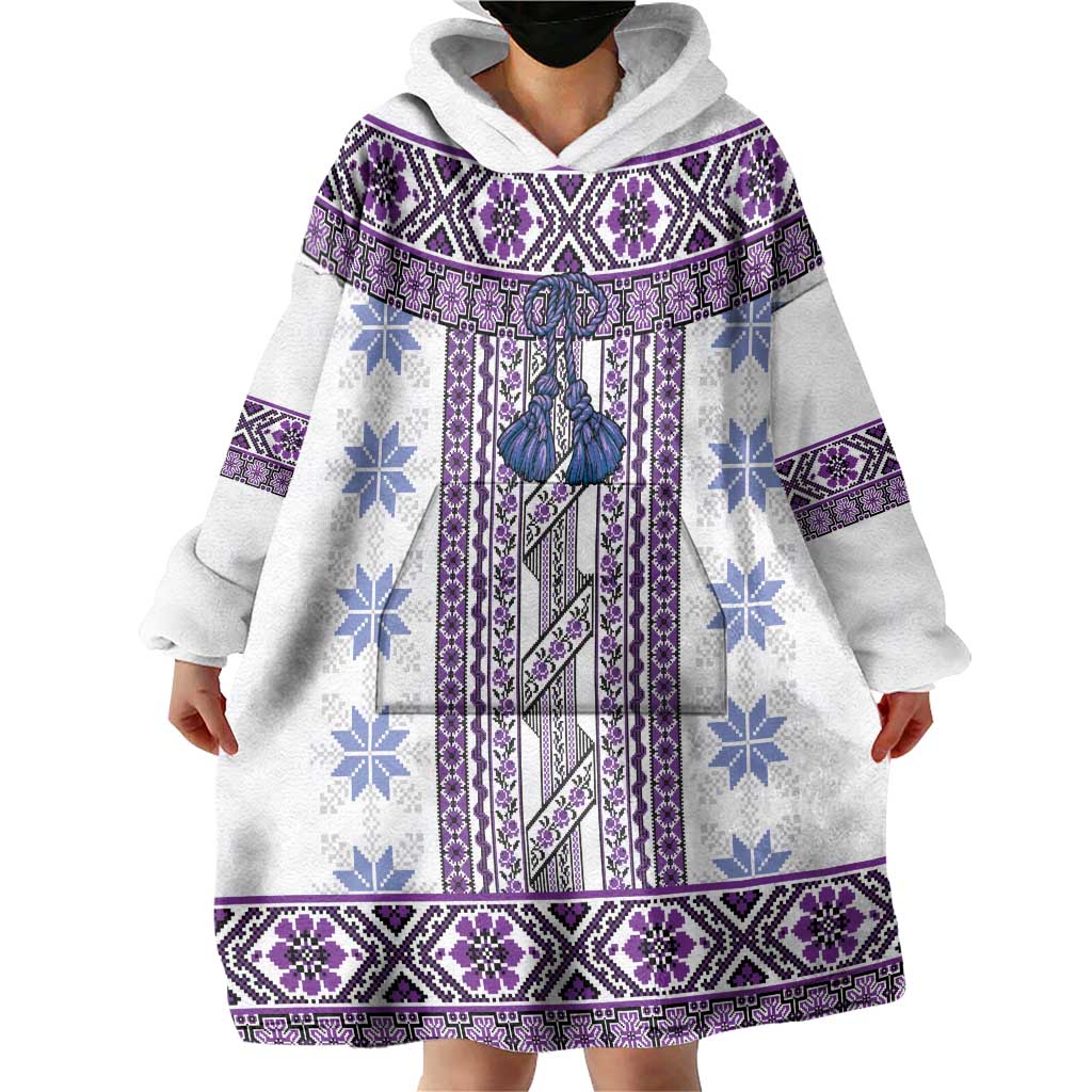 Ukraine Wearable Blanket Hoodie Traditional Braided Rope Belt Purple Folk Pattern