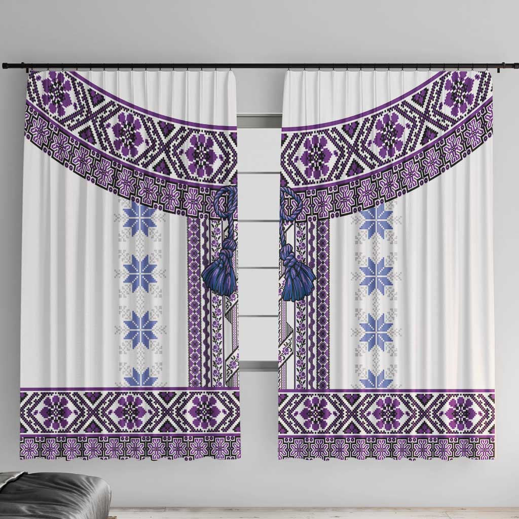 Ukraine Window Curtain Traditional Braided Rope Belt Purple Folk Pattern