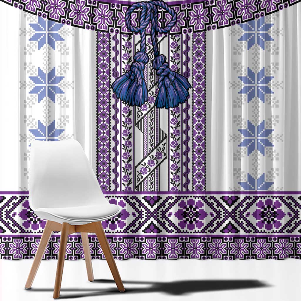 Ukraine Window Curtain Traditional Braided Rope Belt Purple Folk Pattern
