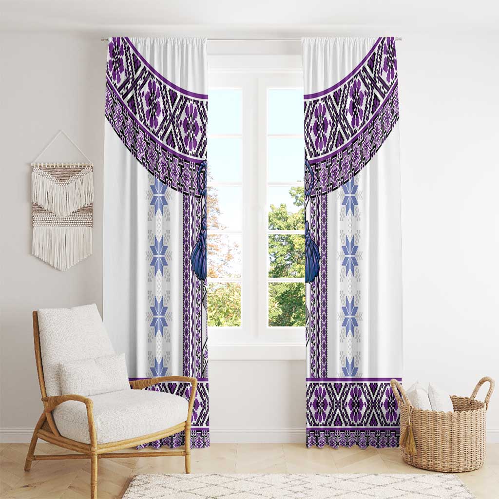 Ukraine Window Curtain Traditional Braided Rope Belt Purple Folk Pattern