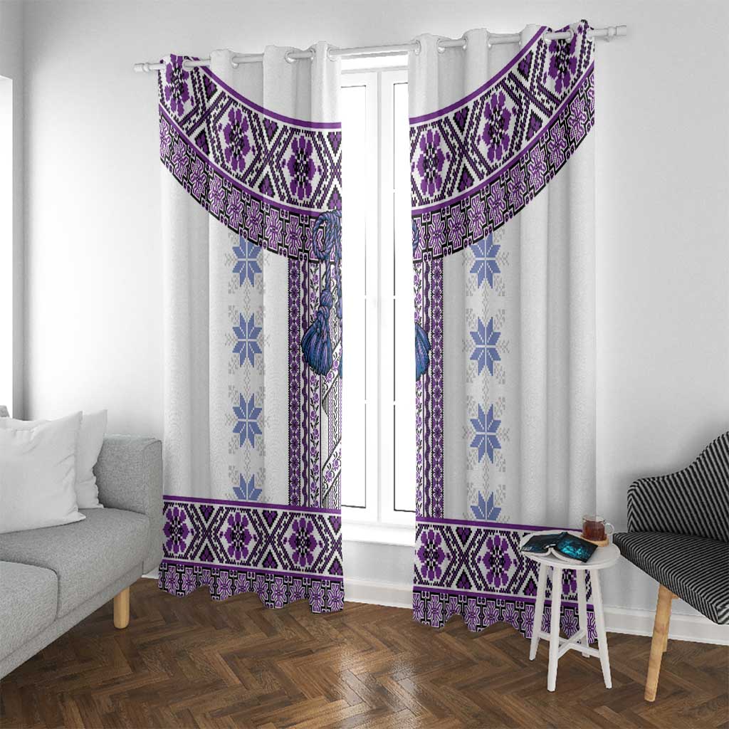 Ukraine Window Curtain Traditional Braided Rope Belt Purple Folk Pattern