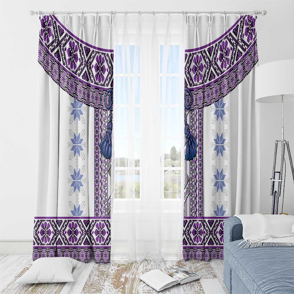 Ukraine Window Curtain Traditional Braided Rope Belt Purple Folk Pattern