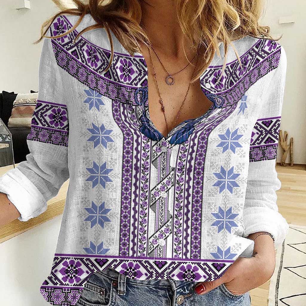 Ukraine Women Casual Shirt Traditional Braided Rope Belt Purple Folk Pattern