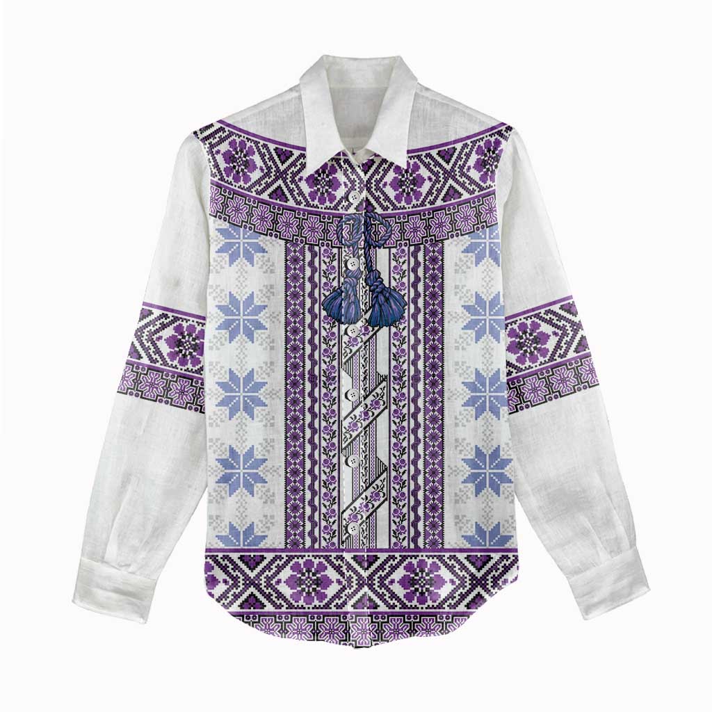 Ukraine Women Casual Shirt Traditional Braided Rope Belt Purple Folk Pattern