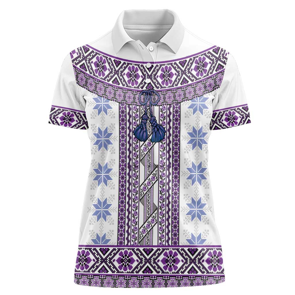 Ukraine Women Polo Shirt Traditional Braided Rope Belt Purple Folk Pattern