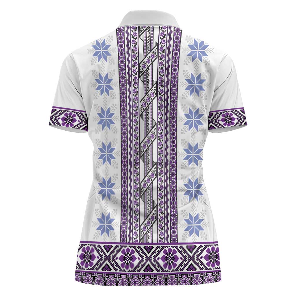 Ukraine Women Polo Shirt Traditional Braided Rope Belt Purple Folk Pattern