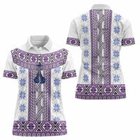 Ukraine Women Polo Shirt Traditional Braided Rope Belt Purple Folk Pattern