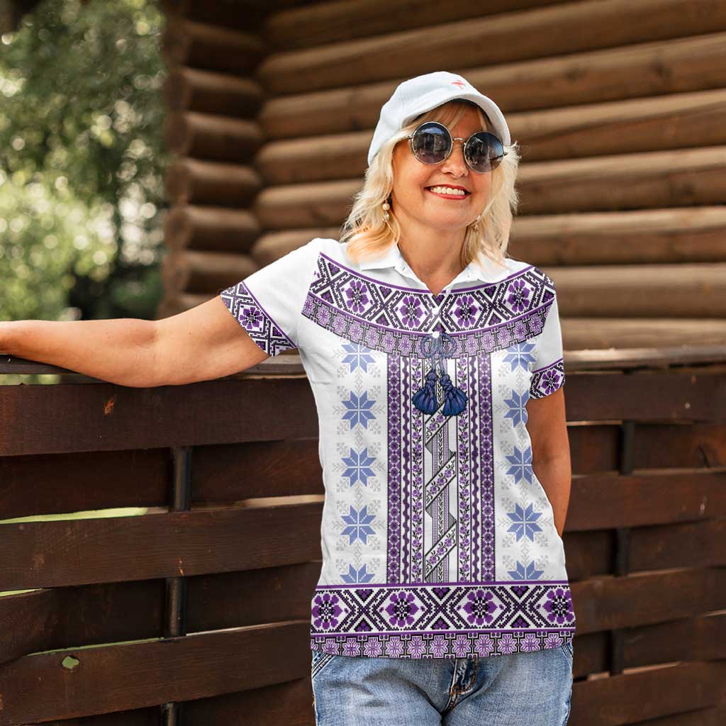 Ukraine Women Polo Shirt Traditional Braided Rope Belt Purple Folk Pattern