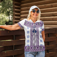 Ukraine Women Polo Shirt Traditional Braided Rope Belt Purple Folk Pattern