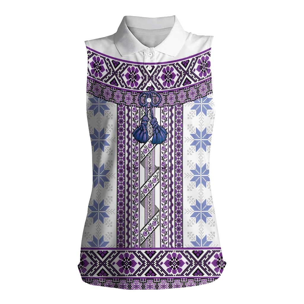 Ukraine Women Sleeveless Polo Shirt Traditional Braided Rope Belt Purple Folk Pattern