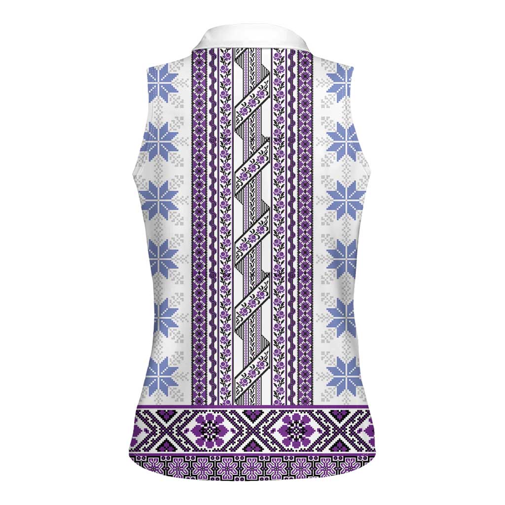 Ukraine Women Sleeveless Polo Shirt Traditional Braided Rope Belt Purple Folk Pattern