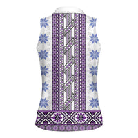 Ukraine Women Sleeveless Polo Shirt Traditional Braided Rope Belt Purple Folk Pattern