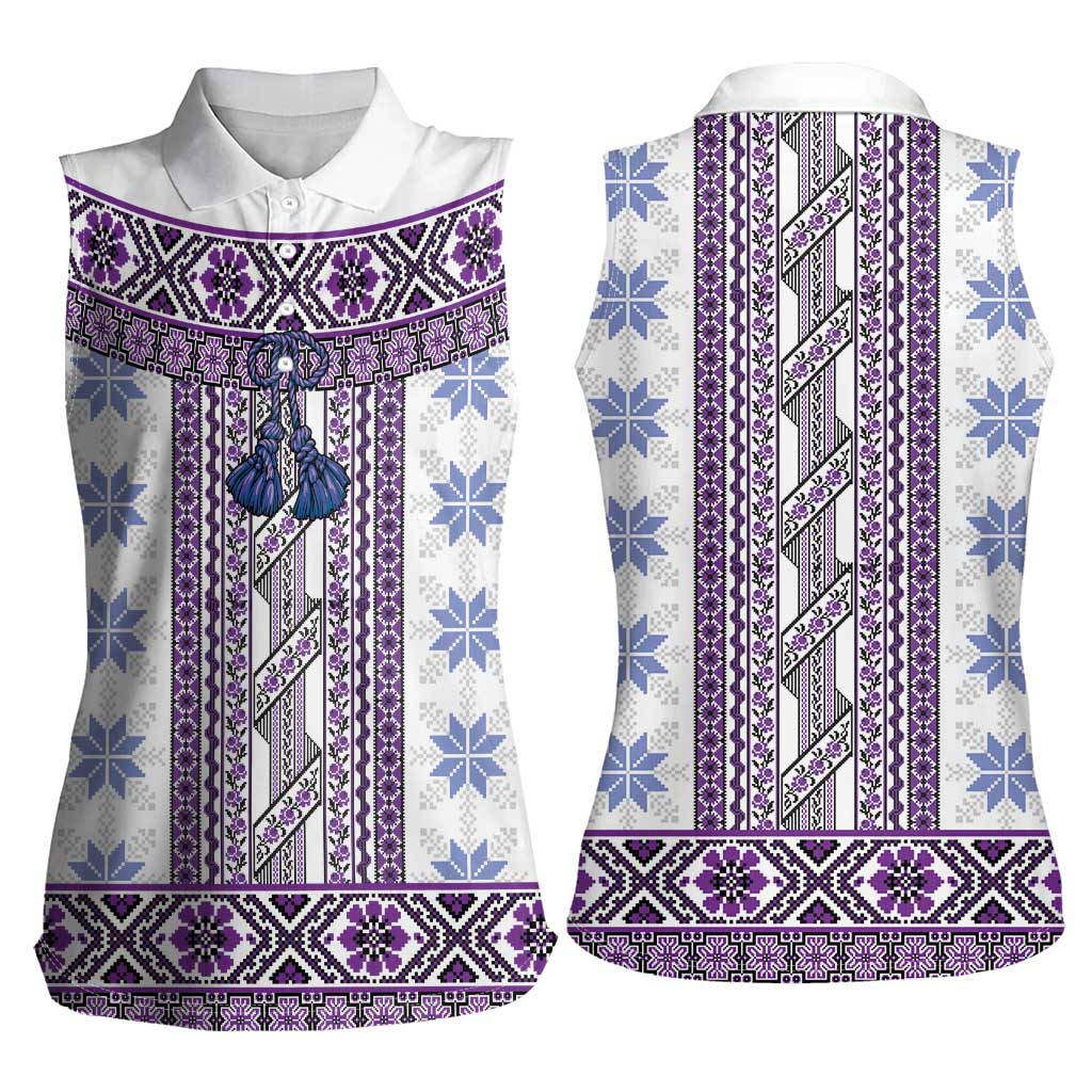 Ukraine Women Sleeveless Polo Shirt Traditional Braided Rope Belt Purple Folk Pattern