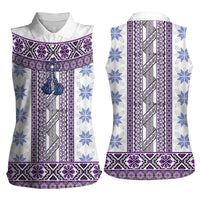 Ukraine Women Sleeveless Polo Shirt Traditional Braided Rope Belt Purple Folk Pattern