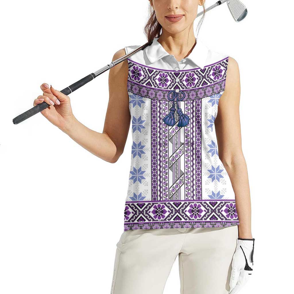 Ukraine Women Sleeveless Polo Shirt Traditional Braided Rope Belt Purple Folk Pattern