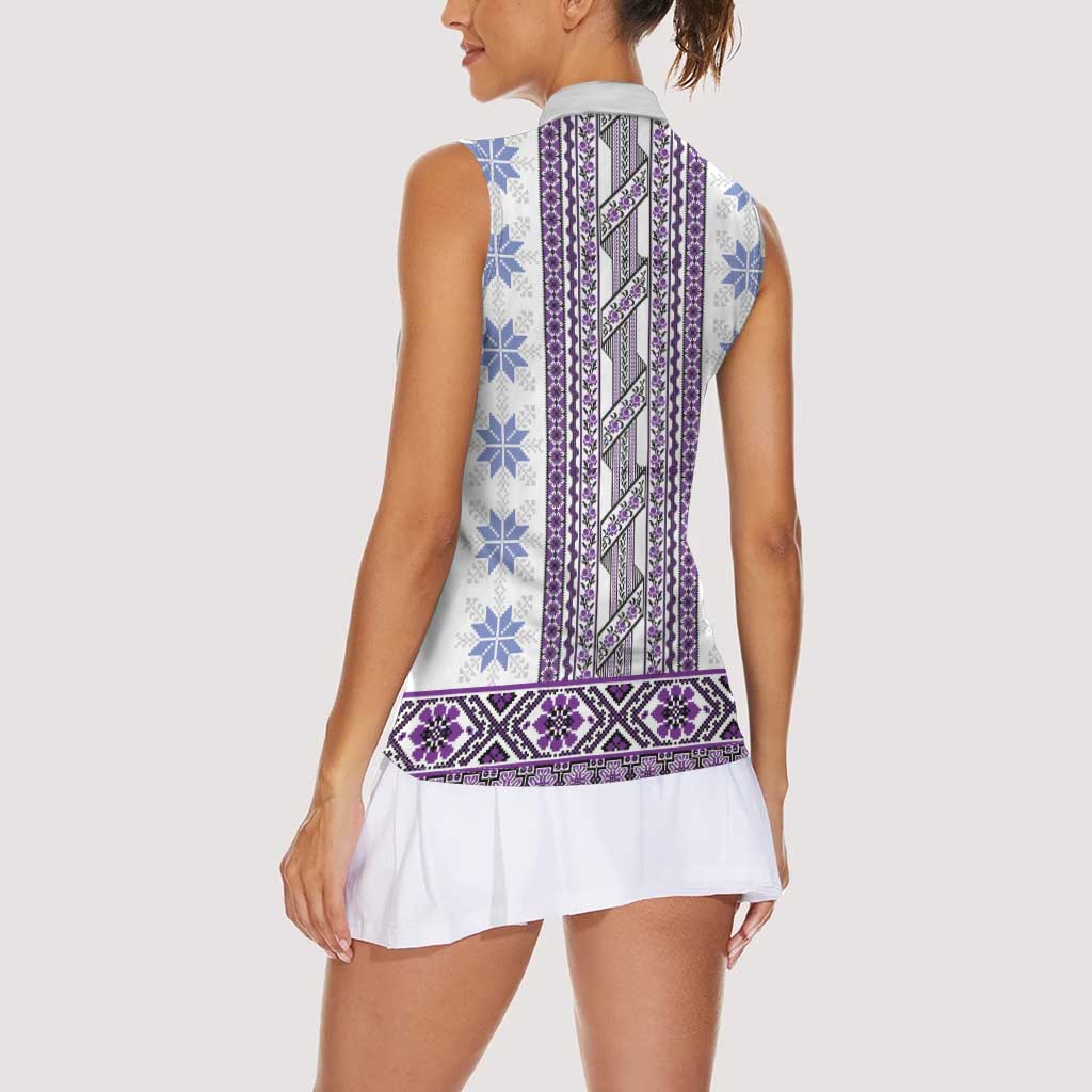 Ukraine Women Sleeveless Polo Shirt Traditional Braided Rope Belt Purple Folk Pattern