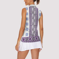 Ukraine Women Sleeveless Polo Shirt Traditional Braided Rope Belt Purple Folk Pattern
