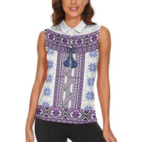 Ukraine Women Sleeveless Polo Shirt Traditional Braided Rope Belt Purple Folk Pattern