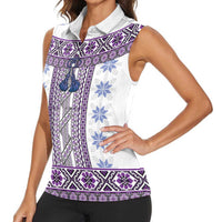 Ukraine Women Sleeveless Polo Shirt Traditional Braided Rope Belt Purple Folk Pattern