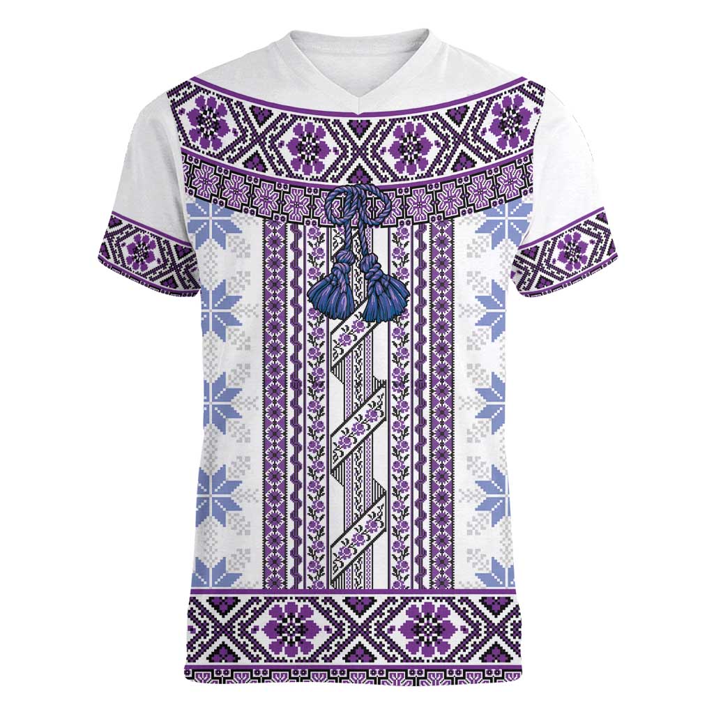 Ukraine Women V-Neck T-Shirt Traditional Braided Rope Belt Purple Folk Pattern