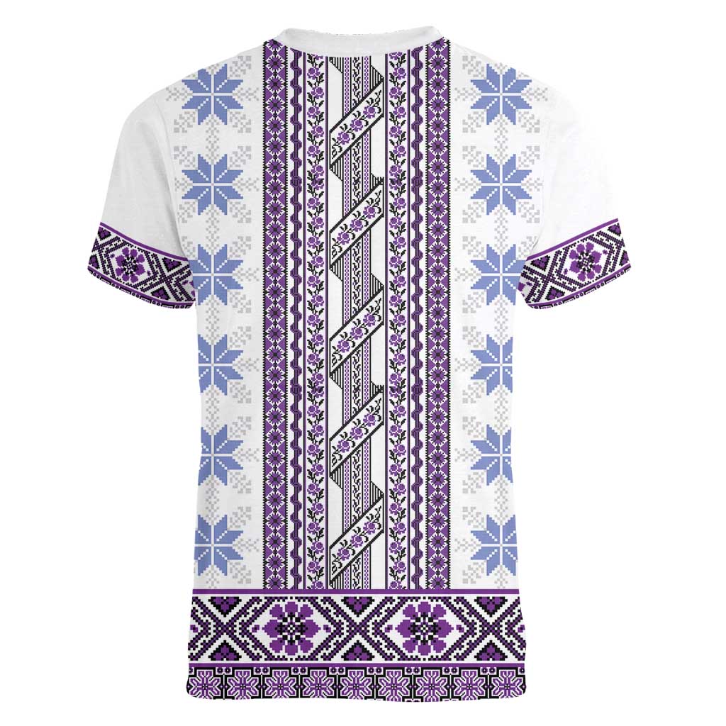 Ukraine Women V-Neck T-Shirt Traditional Braided Rope Belt Purple Folk Pattern