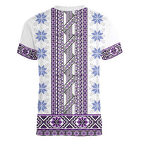 Ukraine Women V-Neck T-Shirt Traditional Braided Rope Belt Purple Folk Pattern