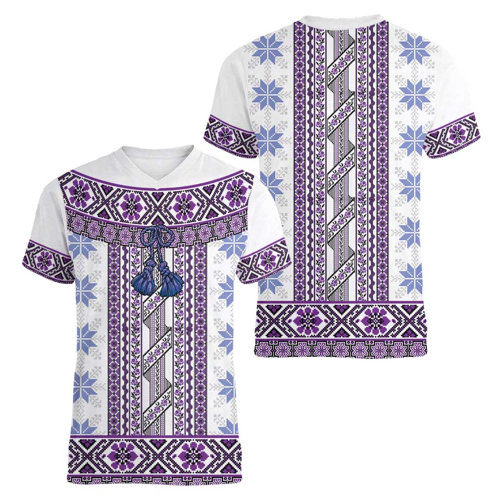 Ukraine Women V-Neck T-Shirt Traditional Braided Rope Belt Purple Folk Pattern