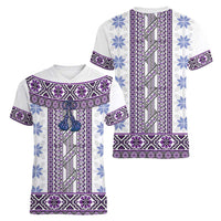 Ukraine Women V-Neck T-Shirt Traditional Braided Rope Belt Purple Folk Pattern