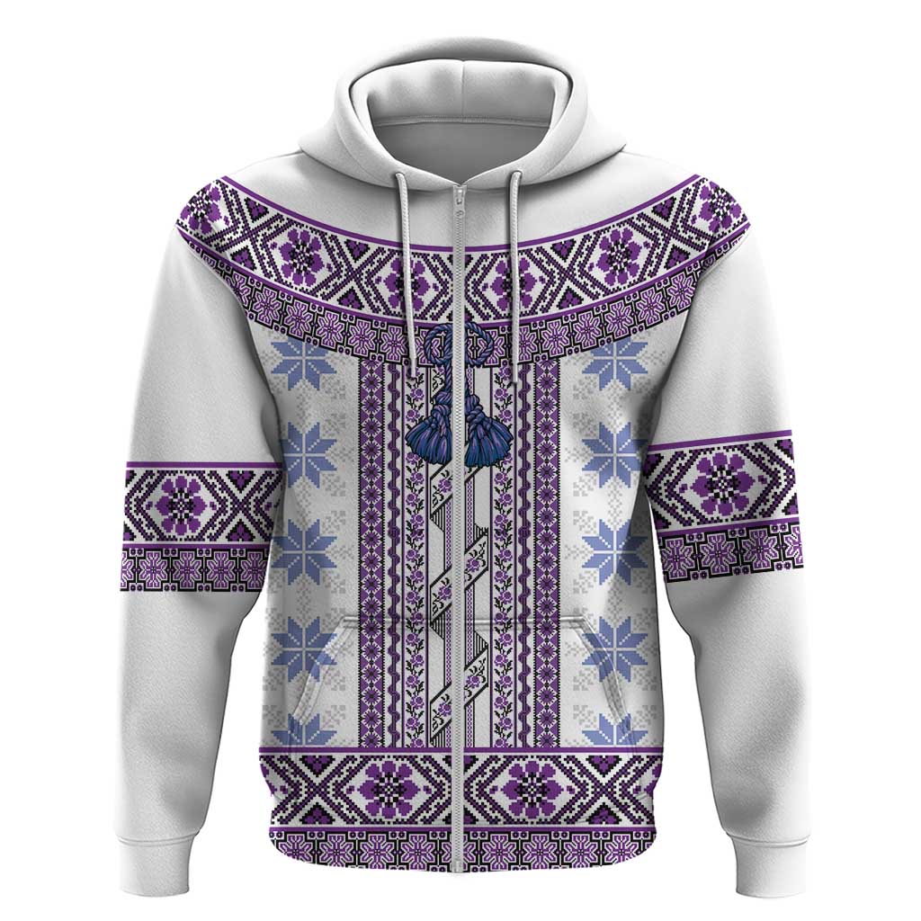Ukraine Zip Hoodie Traditional Braided Rope Belt Purple Folk Pattern