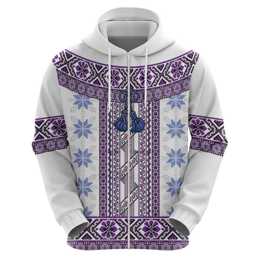 Ukraine Zip Hoodie Traditional Braided Rope Belt Purple Folk Pattern