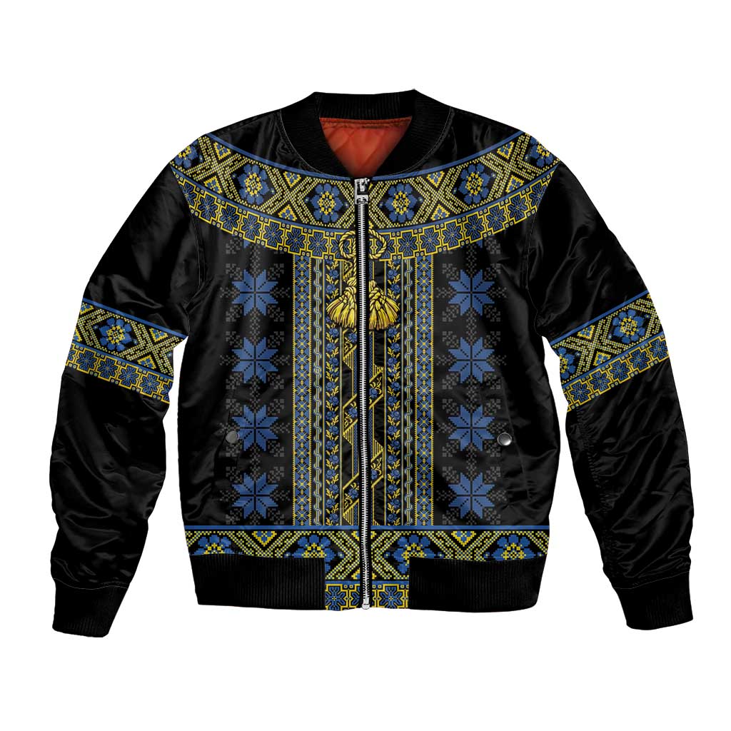 Ukraine Bomber Jacket Traditional Braided Rope Belt Folk Pattern National Color