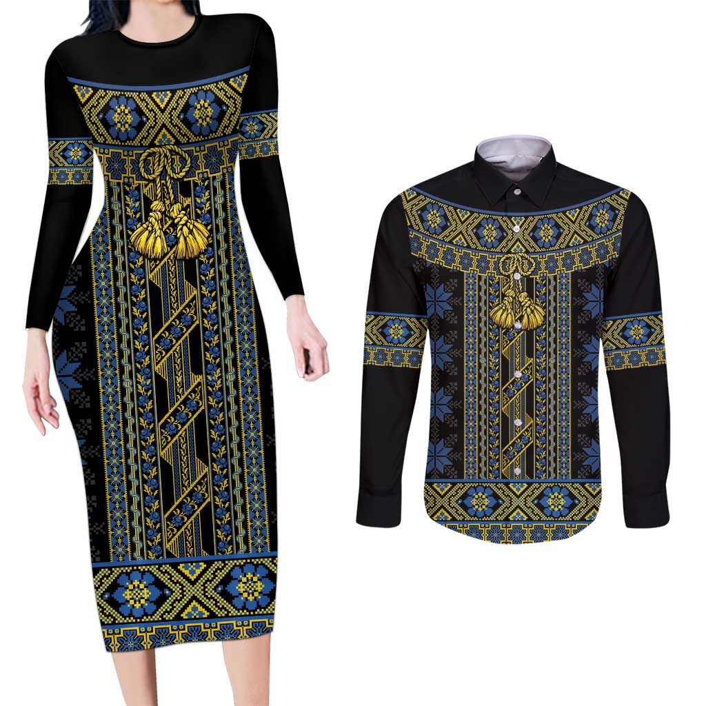 Ukraine Couples Matching Long Sleeve Bodycon Dress and Long Sleeve Button Shirt Traditional Braided Rope Belt Folk Pattern National Color