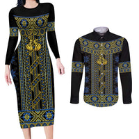 Ukraine Couples Matching Long Sleeve Bodycon Dress and Long Sleeve Button Shirt Traditional Braided Rope Belt Folk Pattern National Color
