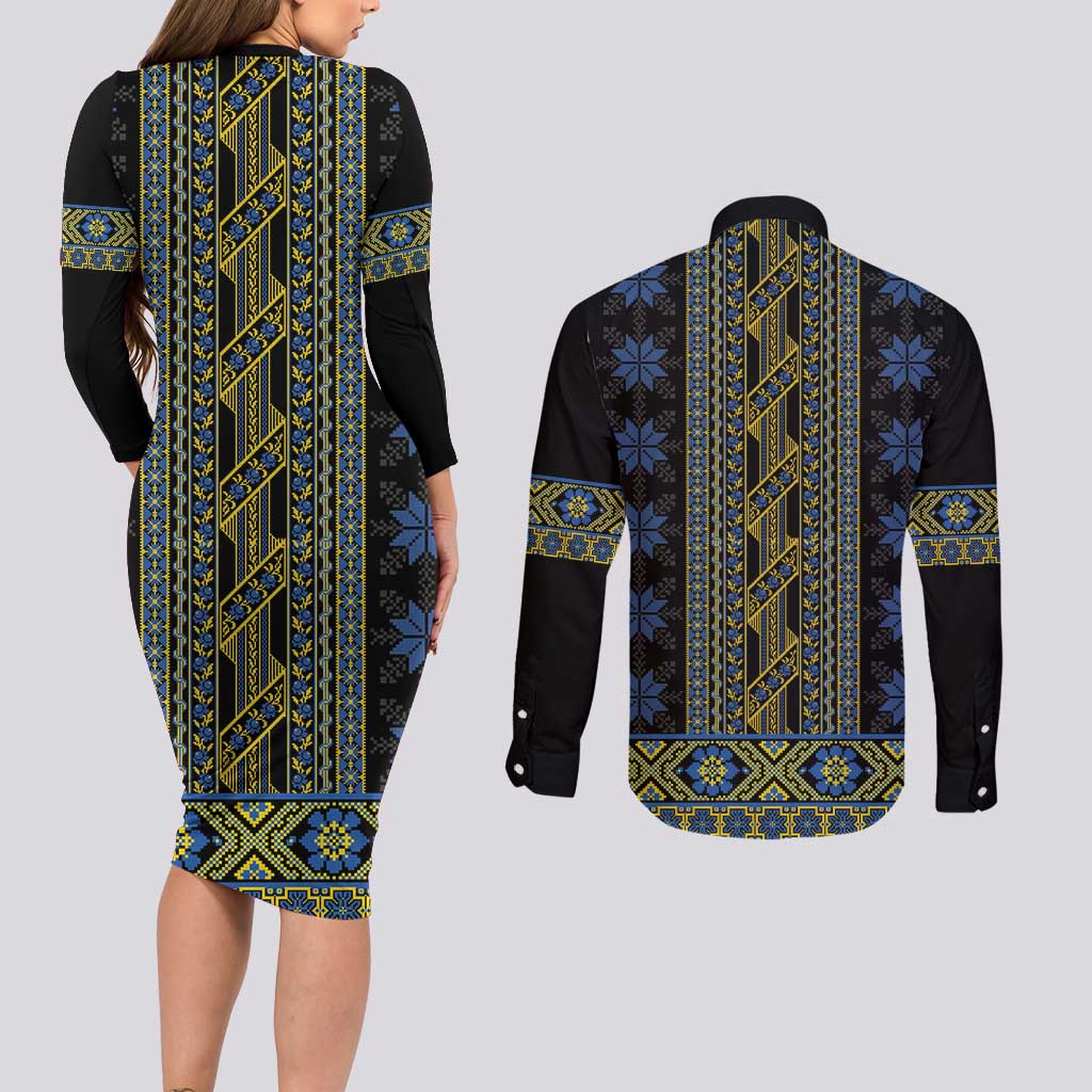Ukraine Couples Matching Long Sleeve Bodycon Dress and Long Sleeve Button Shirt Traditional Braided Rope Belt Folk Pattern National Color