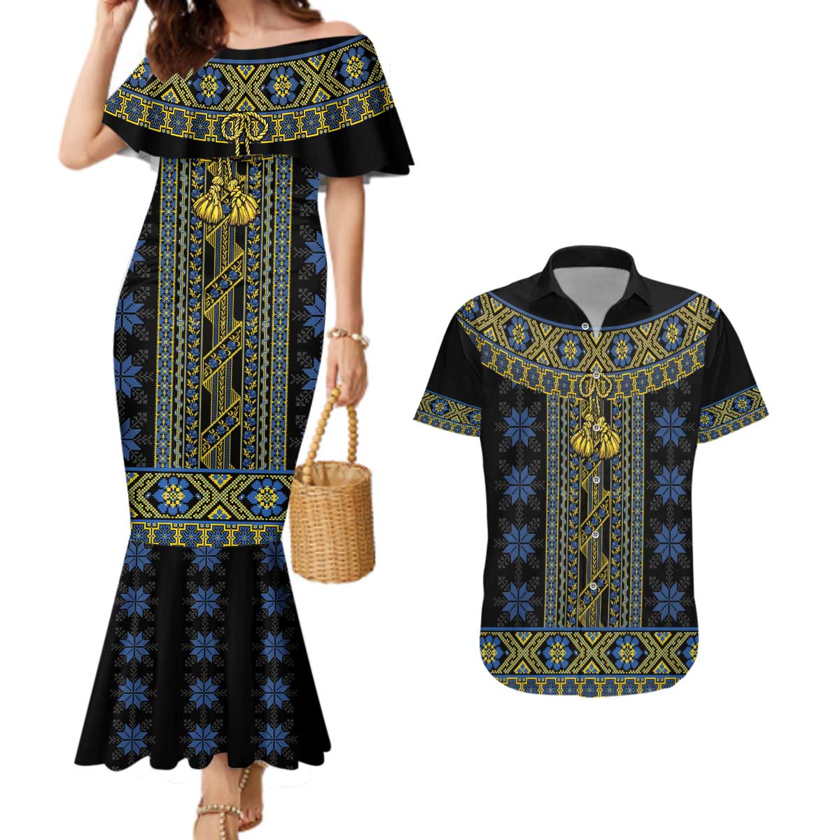 Ukraine Couples Matching Mermaid Dress and Hawaiian Shirt Traditional Braided Rope Belt Folk Pattern National Color