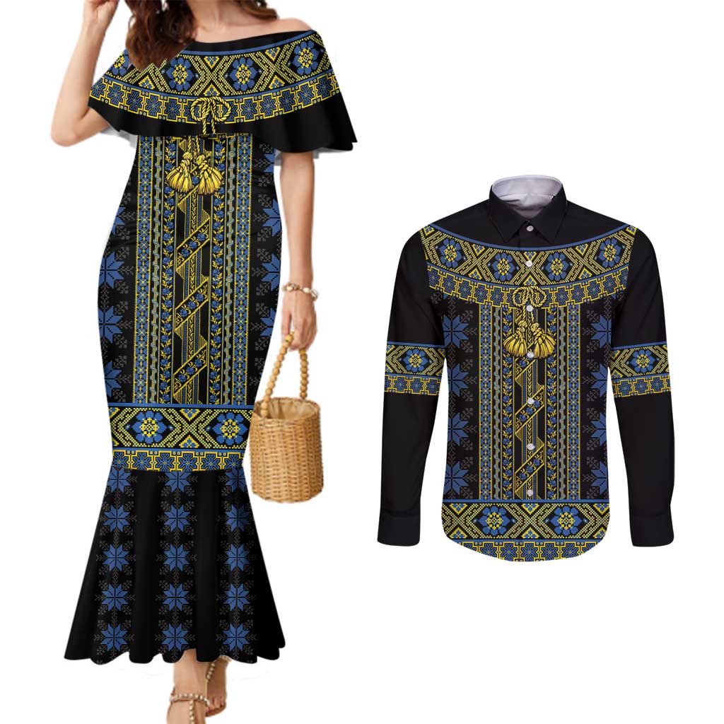 Ukraine Couples Matching Mermaid Dress and Long Sleeve Button Shirt Traditional Braided Rope Belt Folk Pattern National Color