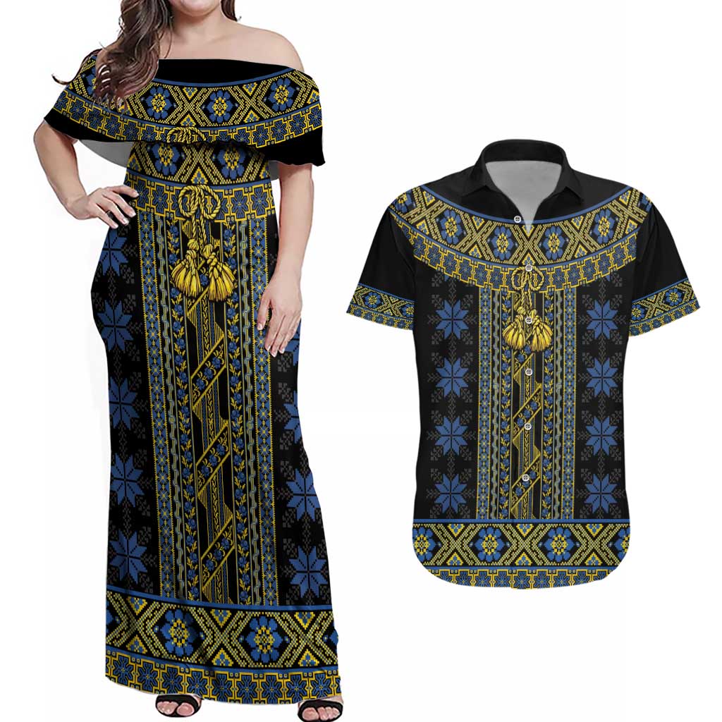 Ukraine Couples Matching Off Shoulder Maxi Dress and Hawaiian Shirt Traditional Braided Rope Belt Folk Pattern National Color