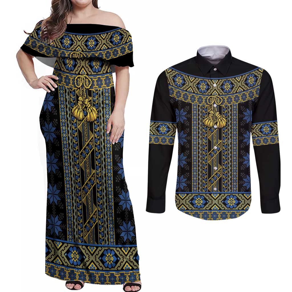 Ukraine Couples Matching Off Shoulder Maxi Dress and Long Sleeve Button Shirt Traditional Braided Rope Belt Folk Pattern National Color