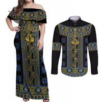 Ukraine Couples Matching Off Shoulder Maxi Dress and Long Sleeve Button Shirt Traditional Braided Rope Belt Folk Pattern National Color