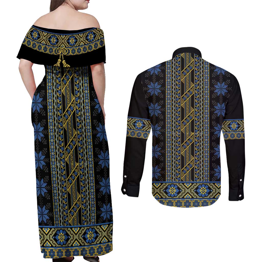 Ukraine Couples Matching Off Shoulder Maxi Dress and Long Sleeve Button Shirt Traditional Braided Rope Belt Folk Pattern National Color