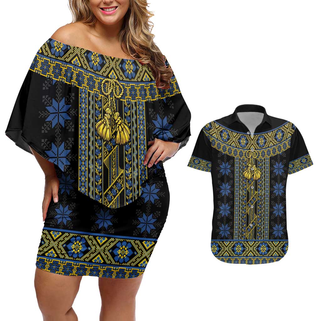 Ukraine Couples Matching Off Shoulder Short Dress and Hawaiian Shirt Traditional Braided Rope Belt Folk Pattern National Color