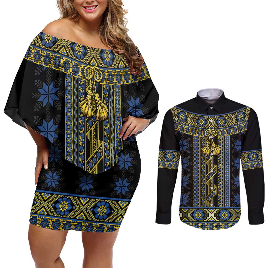 Ukraine Couples Matching Off Shoulder Short Dress and Long Sleeve Button Shirt Traditional Braided Rope Belt Folk Pattern National Color