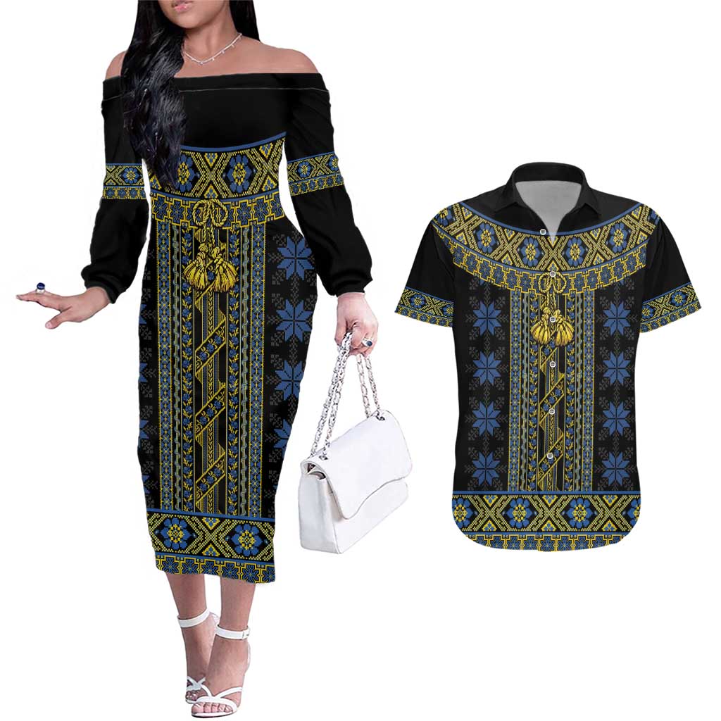 Ukraine Couples Matching Off The Shoulder Long Sleeve Dress and Hawaiian Shirt Traditional Braided Rope Belt Folk Pattern National Color