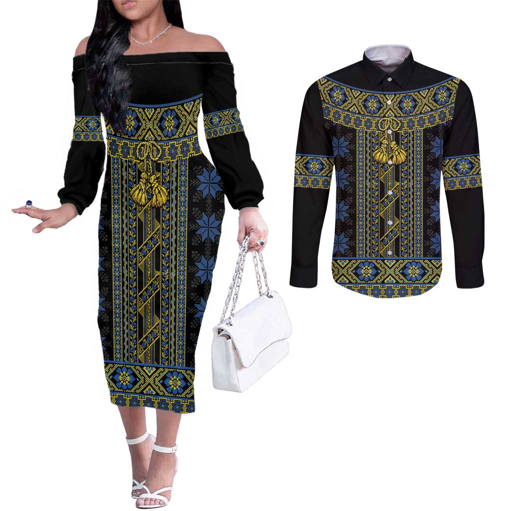 Ukraine Couples Matching Off The Shoulder Long Sleeve Dress and Long Sleeve Button Shirt Traditional Braided Rope Belt Folk Pattern National Color