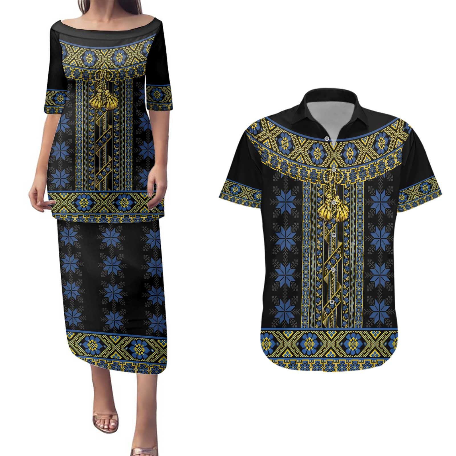 Ukraine Couples Matching Puletasi and Hawaiian Shirt Traditional Braided Rope Belt Folk Pattern National Color