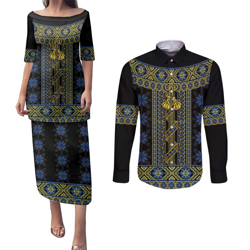 Ukraine Couples Matching Puletasi and Long Sleeve Button Shirt Traditional Braided Rope Belt Folk Pattern National Color