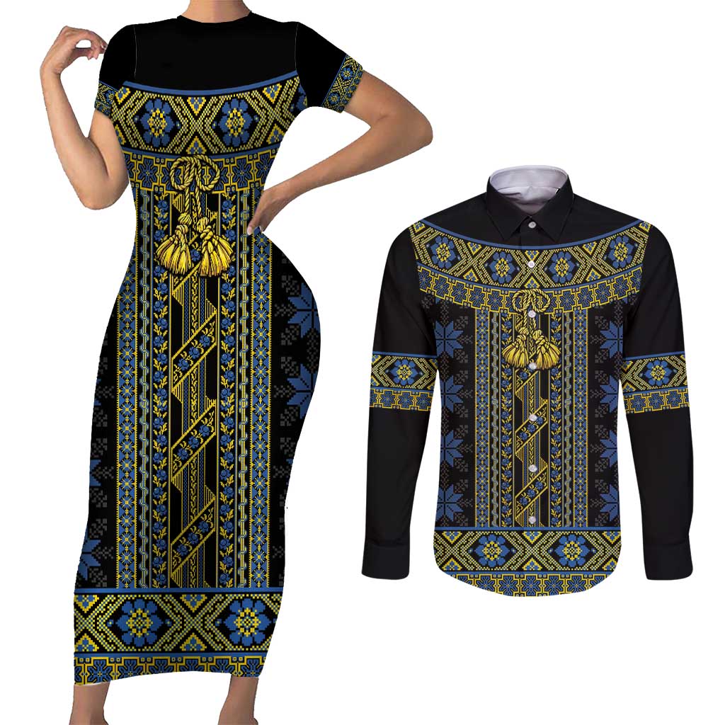 Ukraine Couples Matching Short Sleeve Bodycon Dress and Long Sleeve Button Shirt Traditional Braided Rope Belt Folk Pattern National Color
