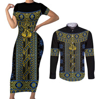 Ukraine Couples Matching Short Sleeve Bodycon Dress and Long Sleeve Button Shirt Traditional Braided Rope Belt Folk Pattern National Color